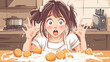 © Thiago - Surprised teenager is looking at a messy kitchen counter filled with flour and broken eggs, realizing she forgot to set the timer while baking a cake. Oblivious. Illustration