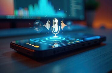 modern smartphone displays voice support with glowing microphone icon, sound waves. futuristic tech 