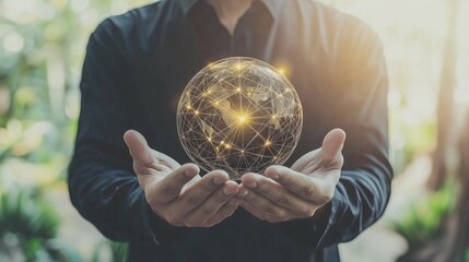 Wall Mural - Person holding a glowing digital global network