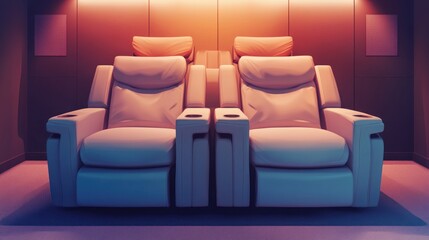 Wall Mural - Luxurious home theater with two reclining chairs and warm lighting.