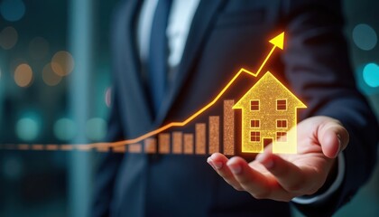 Businessman holds glowing house icon on digital screen showing real estate growth. Home investment concept visualized on tech display. Property market analysis displayed by graphic. Rising values