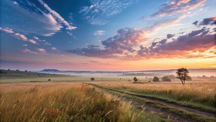 Wall Mural - golden fields of crops and grass merging with a dirt road at sunrise, while fog envelops the distant