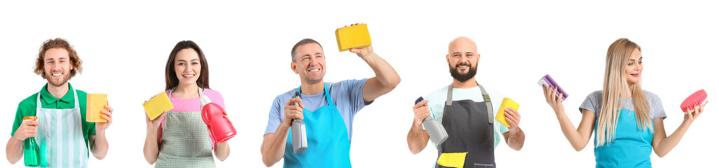 Wall Mural - Set of people with cleaning supplies on white background