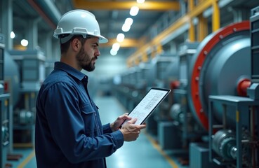 Leinwandbilder - Engineer in uniform examines digital schematics on tablet inspecting machinery in industrial facility. Tech expert reviews tech plans. Modern tech support in industry. Facility environment. Pro tech