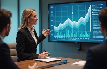 Fototapete - Businesswoman presents financial data on screen to colleagues in conference room. Team listens intently to presentation. Modern tech conference room. People analyze business charts. Presentation