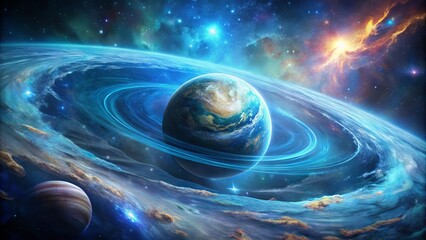 Wall Mural - a celestial ballet of swirling nebulae, a vibrant planet, and shimmering rings, a symphony of cosmic