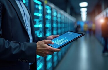 Aufkleber - consultant checks server room performance using tablet. Metrics show server status. Business professional assesses tech infrastructure. Modern tech environment. Expert analyzes security data. Data