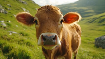 Wall Mural - Young Brown Calf Gazes Directly at Camera in Mountain Pasture