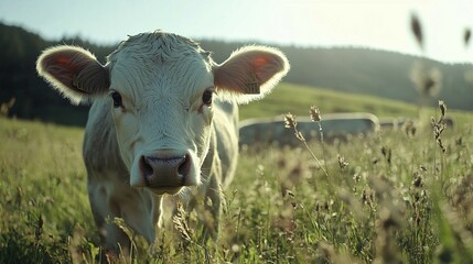 Wall Mural - Young White Calf Grazing in Sunny Pasture