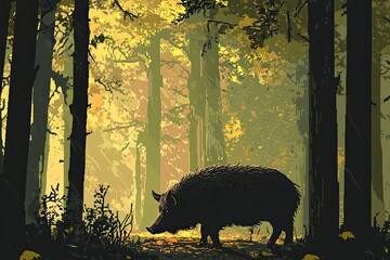 Poster - Wild Boar Silhouette In An Autumn Forest