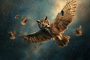 Poster - Majestic Owl Soaring Through A Starry Night Sky