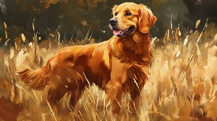 Wall Mural - Golden Retriever in Autumnal Grassland Scene