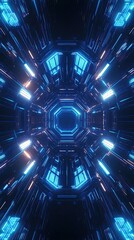 Wall Mural - futuristic blue neon tunnel abstract digital art
