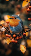 Wall Mural - European Robin Perched On Branch With Autumn Berries