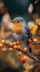 Wall Mural - European Robin Perched On Branch With Orange Berries