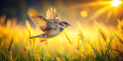 Canvas Print - Sparrow in Flight, Meadow Grass, Golden Hour Photography: Stunning Action Shot