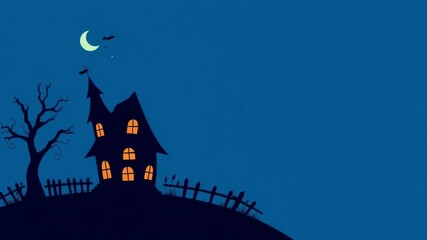 haunted houses in a dark cartoon style cute background with a blue tone, featuring simple vector ill