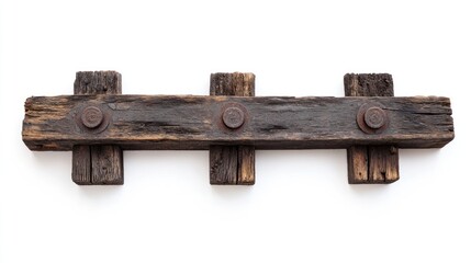 A weathered wooden railway tie with metal bolts, showcasing rustic industrial design.