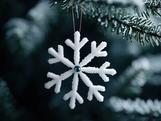 Wall Mural - Delicate snowflake ornament hanging from evergreen