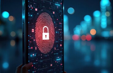 Fototapete - Mobile phone security concept shown on screen. Fingerprint scan, padlock symbolize secure access. Modern tech concept. Secure access to digital device. Night city background blurred. Future tech.