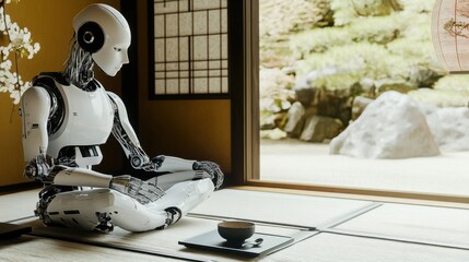 Wall Mural - A humanoid robot with a delicate, porcelain-like surface, performing a traditional tea ceremony in a serene Japanese tea house with tatami mats and paper lanterns