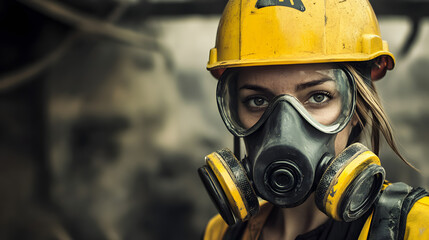 A woman adorned in a vibrant yellow helmet and protective gas mask stands confidently in a hazardous work environment.