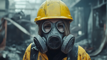 A woman adorned in a vibrant yellow helmet and protective gas mask stands confidently in a hazardous work environment.