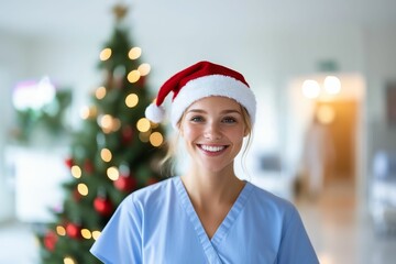 Wall Mural - Close-up portrait of a smiling young woman nurse wearing a Christmas hat, with a hospital background 