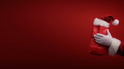 Wall Mural - Santa's hand, holding a red paper bag, against a red background