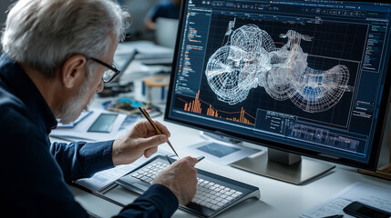 Leinwandbilder - Creating digital advertisement, graphic designer works intently on computer. screen displays intricate wireframe designs and data visualizations, showcasing creativity and technical skill