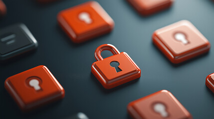 Aufkleber - digital landscape featuring red lock icons on dark background, symbolizing security and protection. This conveys sense of cybersecurity and digital safety