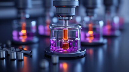 Poster - laboratory setup featuring microscope analyzing colorful liquid samples in glass containers, showcasing advanced research in renewable energy