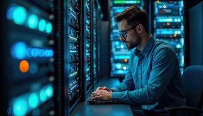 Poster - specialist works on complex network install. Focused tech person types on keyboard in server room. Server racks fill background. Expert handles intricate tech tasks. Network installation underway.