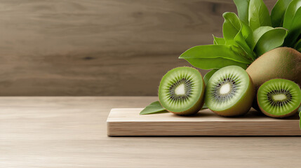 Aufkleber - Fresh sliced kiwi on wooden board with green leaves, showcasing vibrant colors and textures. delightful addition to any kitchen or dining setting