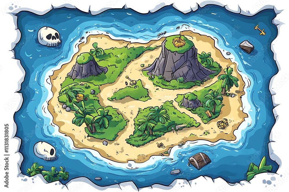 Cartoon treasure island map with skulls, volcano, palm trees, and ...
