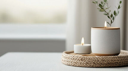 Aufkleber - serene setting featuring candles on woven tray, creating calming atmosphere. soft glow of flames and natural elements enhance relaxation and tranquility