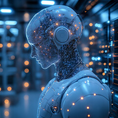 Aufkleber - futuristic humanoid robot with glowing circuits and headphones, symbolizing digital transformation and artificial intelligence. background features tech environment with lights