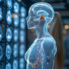 Fototapete - futuristic representation of human figure with transparent body, showcasing neural connections and glowing brain. background features brain scans, emphasizing digital transformation and artificial