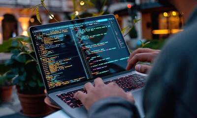 Night Coding Session: Programmer Working on Laptop Outdoors