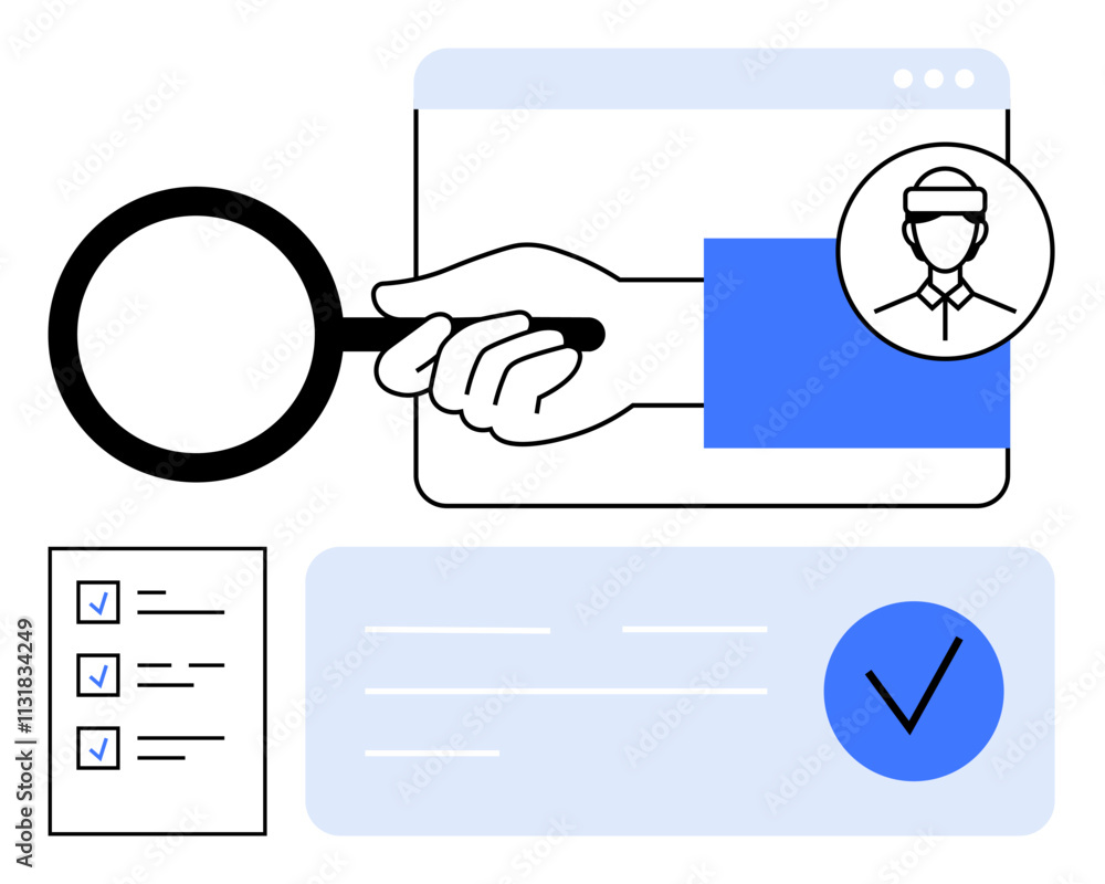 Hand with magnifying glass looking at a user profile inside a browser ...
