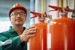 © LifeMedia - A safety inspector in protective gear evaluates a row of fire extinguishers in an industrial setting, emphasizing workplace safety and preparedness protocols.
