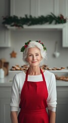 Wall Mural - A woman dressed for Christmas on Festive kitchen background with gingerbread cookies. 