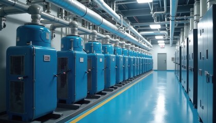 Poster - Industrial chilled water system with rows of large blue chillers, pumps. Insulated pipes distribute cooled water. Control panel in background. Modern tech equipment in factory. Industrial plant. Cool