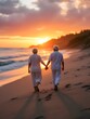 © Jim - Sunset Stroll Elderly Couple Holding Hands on Beach at Dusk. Generated AI