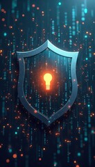 Fototapete - Illustration shows tech shield with data protection. Light bulb inside shield innovation. Modern tech security concept. Digital security illustration. Secure data privacy. Cybersecurity illustration.