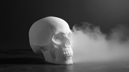 A white skull, angled to the right, sits on a dark surface with wisps of fog or smoke emanating from it.