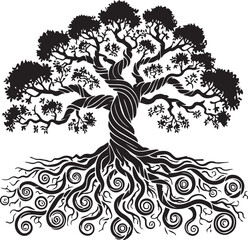 Wall Mural - A tree with roots spiraling like corkscrews black vector silhouette