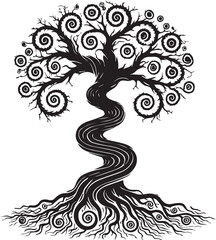 Wall Mural - A tree with roots spiraling like corkscrews black vector silhouette