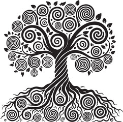 Wall Mural - A tree with roots spiraling like corkscrews black vector silhouette