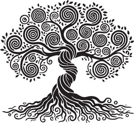 Wall Mural - A tree with roots spiraling like corkscrews black vector silhouette